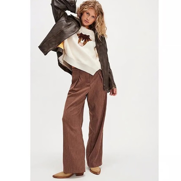 Free People Chocolate Striped Tyler Menswear tailored wide leg Trousers - Picture 2 of 15